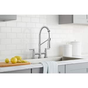 Pritchard Two-Handle Spring Neck Pull-Down Sprayer Bridge Kitchen Faucet in Stainless Steel