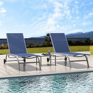 Adjustable Backrest Grey Frame 2-Piece Metal Outdoor Chaise Lounge on Wheels with Table in Blue
