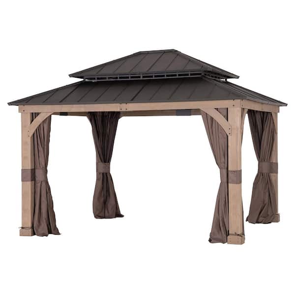 13 ft. x 11 ft. Cedar Frame Steel 2-Tier Hardtop Gazebo with Nettings and Curtains for Patios, Lawn and Backyard, Brown