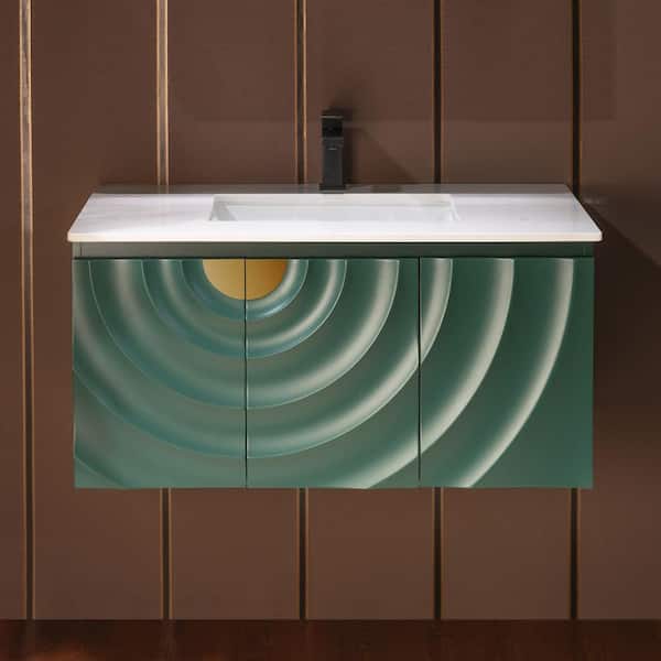 35.88 in. W x 22 in. D Single Sink Floating Bath Vanity in Green with White Engineered stone Vanity Top