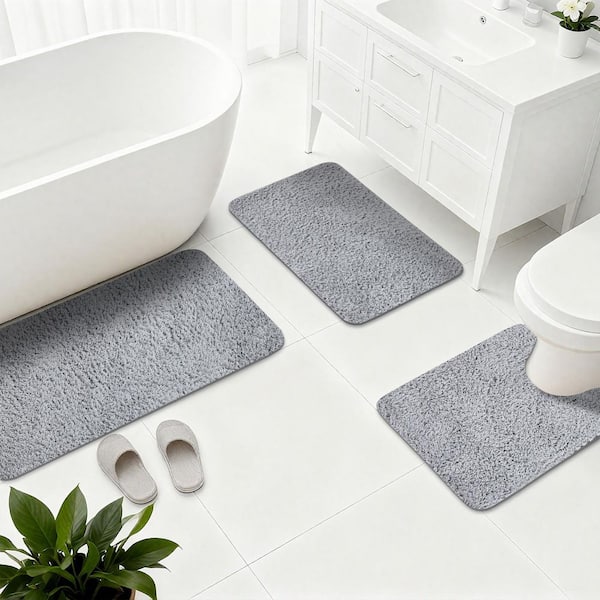 Gray 3 Piece Bathroom Mat Set Absorbent Bath Mat Shower Rugs for Bathroom Non-Slip Dry Quickly Bath Rug for Tub Toilet