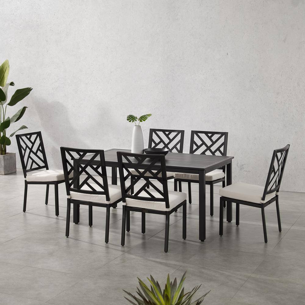 Locke 7-Piece Black Steel Outdoor Dining Set with Cream Cushions