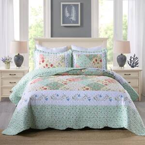 B014 Printed 3-Piece Sage/Multi Floral Polyester Queen Size Lightweight Quilt Set