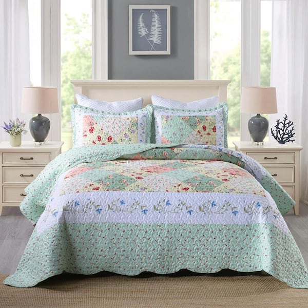 MarCielo B014 Printed 3-Piece Sage/Multi Floral Polyester King Size Lightweight Quilt Set