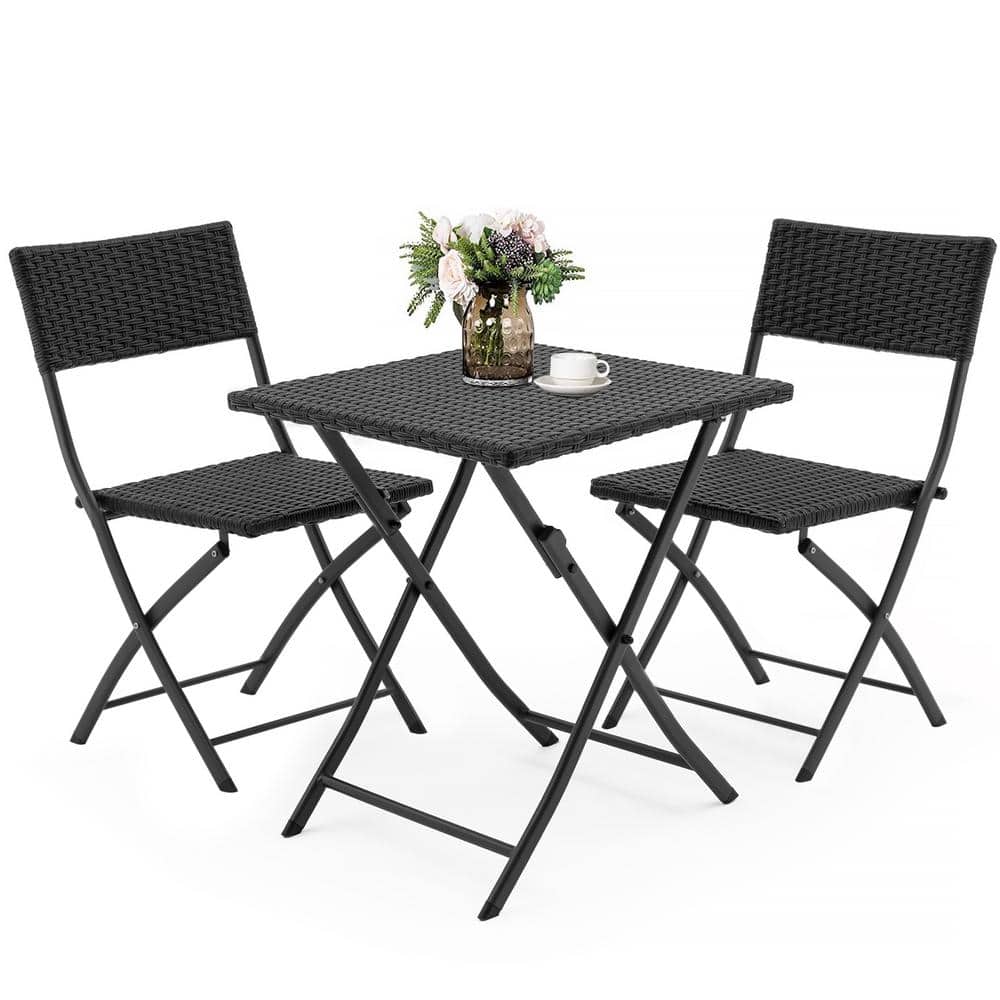 Black Iron and Wicker Foldable Bistro Set with Square Table