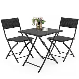 Anky Grand Black 3-Piece Rattan Foldable Patio Furniture Wicker Square Table with Two Chairs Outdoor Bistro Set