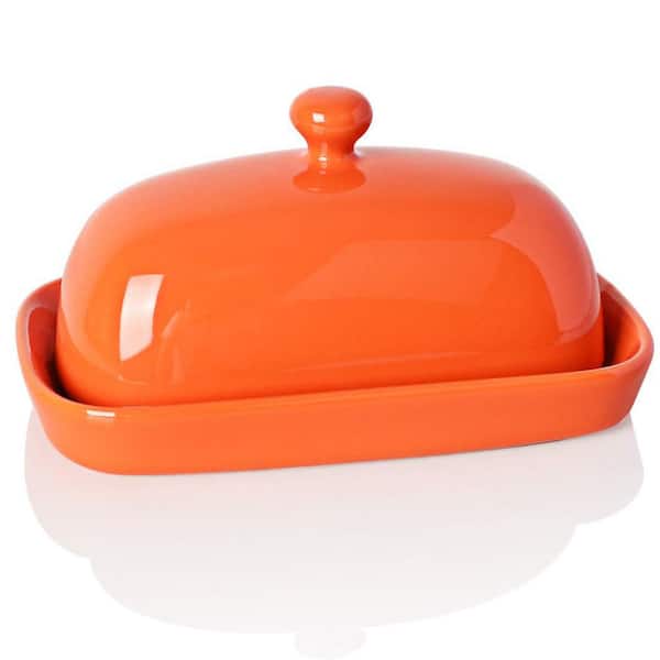 Orange Ceramic Butter Dish with Lid and Knob Handle, Porcelain Butter Keeper for Countertop, 7 in. Tray