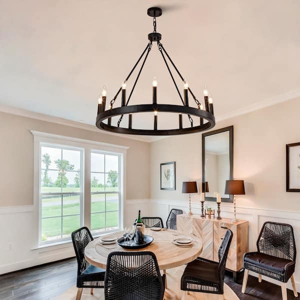 Morgal l 12-Light 31 in. Black Farmhouse Wagon Wheel Chandelier for Living Room with No Bulbs Included