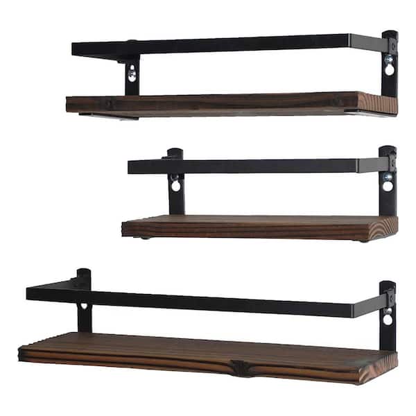 3 Pack 17 in. W x 5.6 in. D and 14.5 in. W x 5.6 in. D and 11 in. W x 5.6 in. D Brown Pine Wood Decorative Wall Shelf