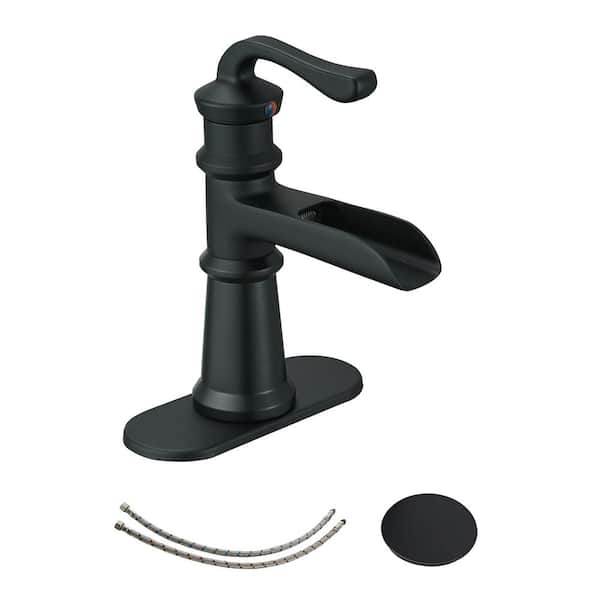 PERLIRIA INC Single Handle Single Hole Bathroom Faucet Waterfall Low Arc Faucet for 3-Hole Sink Pop-up Drain Assembly in Matte Black