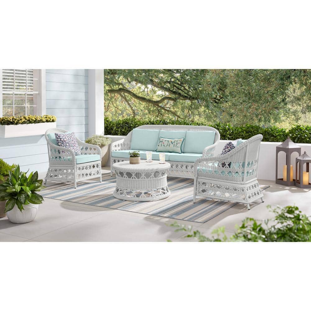 Hampton Bay Somersound 4-Piece Resin Wicker Patio Conversation Chat Set  with CushionGuard Sea Breeze Cushions 69-2314WH-474 - The Home Depot
