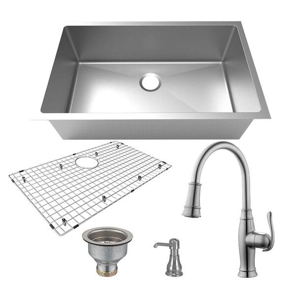 Ocean Cove All In One Stainless Steel 32 In Single Bowl Undermount Kitchen Sink Kit With Pull Down Faucet In Brushed Nickel Wikd992 C9 1 The Home Depot