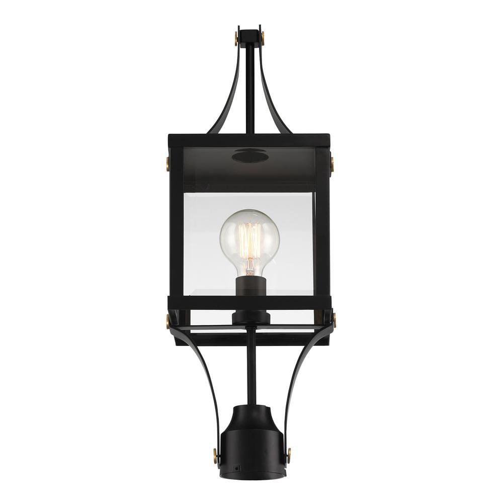 Raeburn Matte Black and Brass Outdoor Post Lantern with Clear Glass