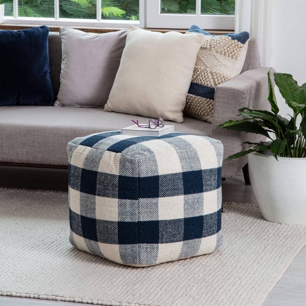 Midnight Blue and Ivory Square Wool-Cotton Blend Pouf