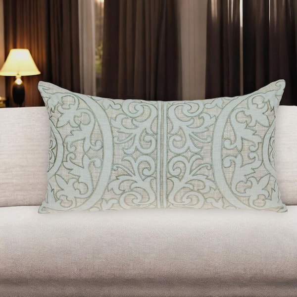 Beige, Green Damask Polyester 14 in. x 24 in. Throw Pillow
