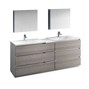 Lazzaro 84 in. Modern Double Bathroom Vanity in Glossy Ash Gray, Vanity Top in White with White Basins,Medicine Cabinet