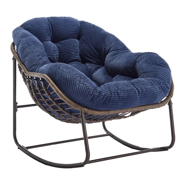 Deluxe Oversized Steel Patio Rattan Wicker Padded Outdoor Rocking Chair with Navy Blue Corduroy Cushion