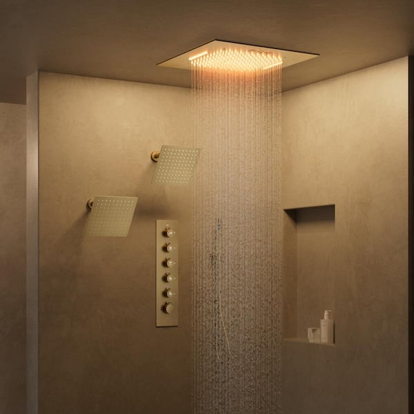 GRANDJOY Aurora Cascade LED Showers 5-Spray Ceiling Mount 20 in. Fixed Shower 2 10 in. Showers Handheld in Brushed Gold-5 Spray