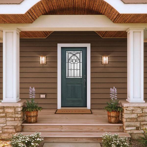 36 in. x 80 in. Left-Hand/Inswing 1/2 Lite Ardsley Decorative Glass Denim Steel Prehung Front Door