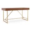 Full front view of the light walnut writing desk with gold metal base.