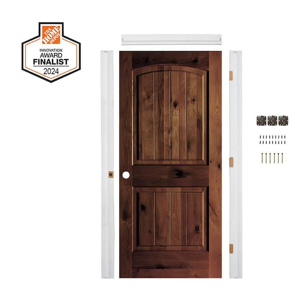 DIY RTA Kit 32 in. x 80 in. Alder Right-Hand Red Mahogany Stain V-Groove Wood Single Ready To Assemble Interior Door