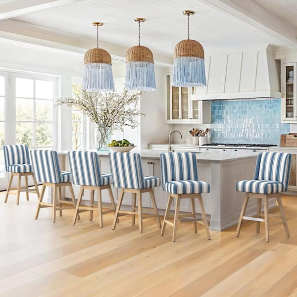 LUE BONA Joyce 26 in. Blue White Striped Fabric Upholstered Swivel Bar Stool with Solid Wood Leg Counter Stool (Set of 6)