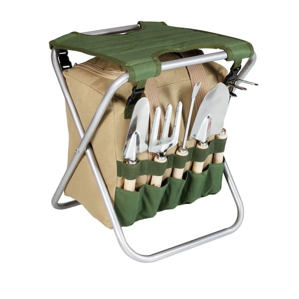 Picnic Time Olive Green and Tan Gardener Folding Seat with Detachable Polyester Storage Tote