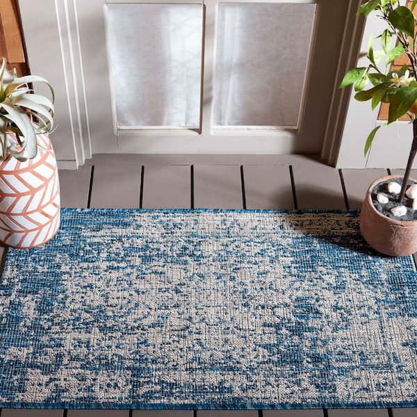 Courtyard Navy/Gray 2 ft. x 4 ft. Distressed Floral Abstract Indoor/Outdoor Area Rug