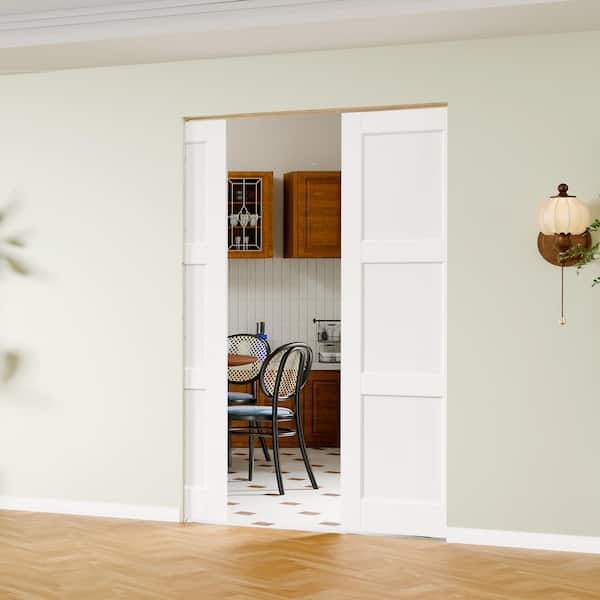 36 in. x 80 in (Double 18 in. Doors). 3 Panel Solid Core DIY Painted, White Primed, Wood MDF Pocket Door w/ All Hardware