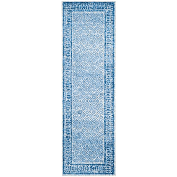 Adirondack Silver/Blue 3 ft. x 10 ft. Border Geometric Runner Rug