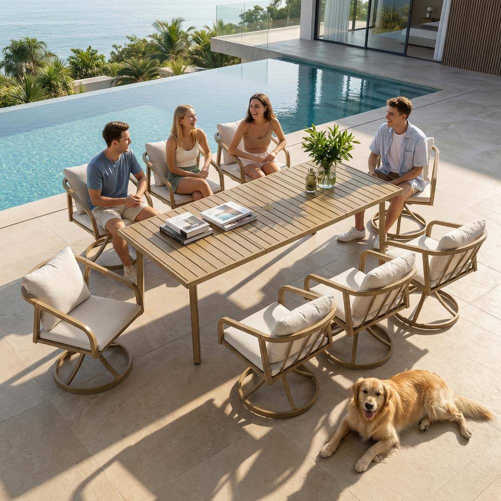 People enjoying a 9-piece teak finish aluminum outdoor dining set by a pool.
