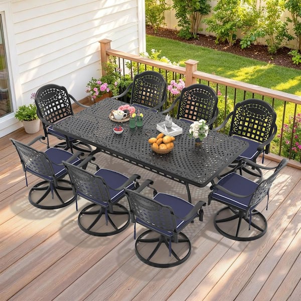 Black 9-Piece Cast Aluminum Outdoor Dining Set with 8 Swivel Rockers with Blue Cushion and Rectangular Table