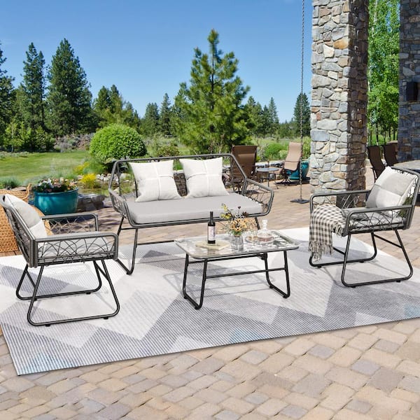 Cesicia Black 4-Piece Metal Patio Conversation Set with Gray Cushions and Glass Table
