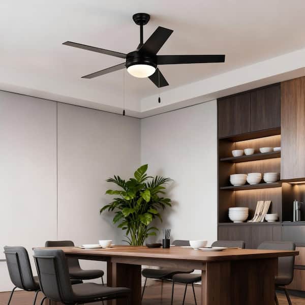 52 in. Indoor Matte Black 3-Speed Contemporary Style Downrod Mount DC Motor Ceiling Fan with LED Light Kit & Pull Chain