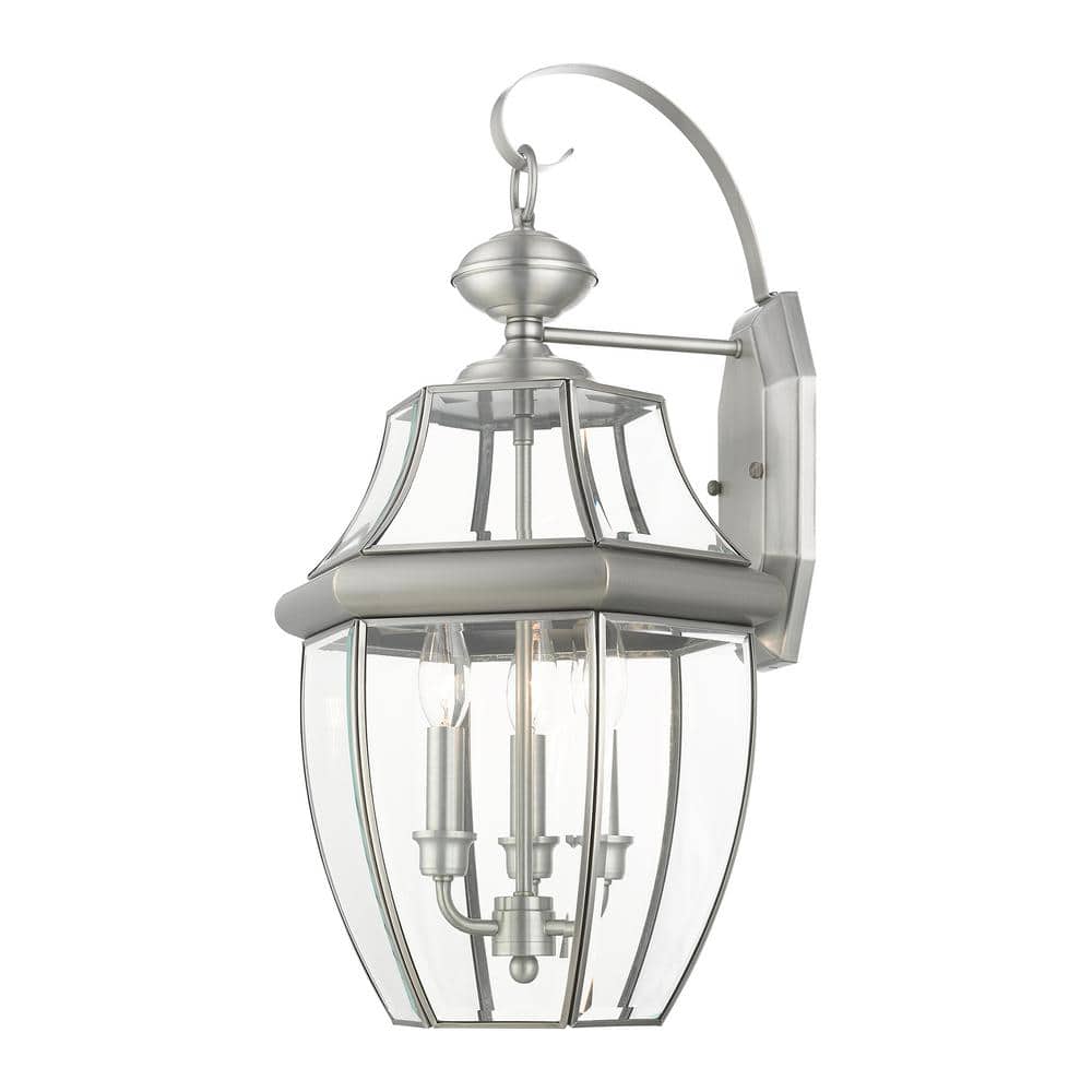 Elegant Brushed Nickel 3-Light Outdoor Wall Lantern with Clear Beveled Glass