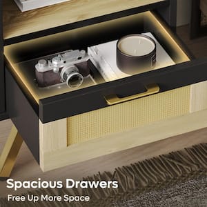 2-Drawers Black Modern Rattan Beside End Table Bedroom Nightstand with Gold Legs