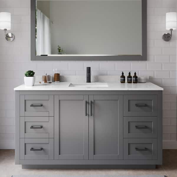 Wyndham Collection Miranda 60 in. W Single Bath Vanity in Dark Gray with Cultured Marble Vanity Top in Light-Vein Carrara with White Basin