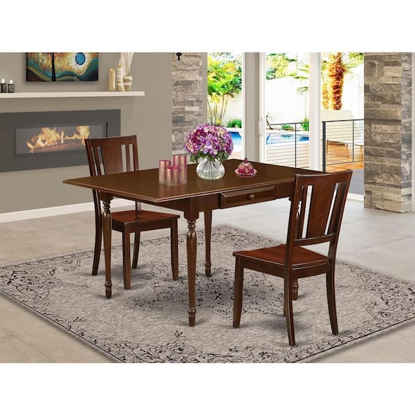 3-Piece Rectangle Mahogany Finish Solid Wood Top With Dropleaf Dining Table Set, Seats 2