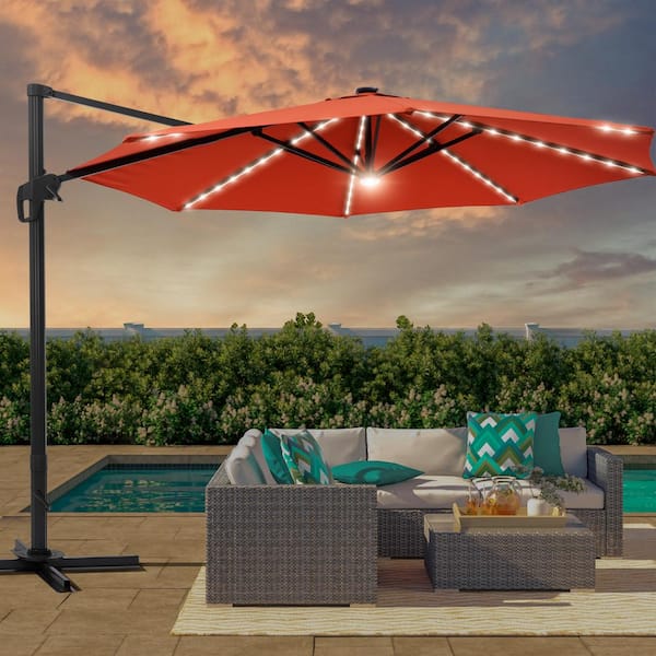 11 ft. Round Aluminum Frame Outdoor Cantilever LED Umbrella Patio Umbrella 360° Rotation System in Red
