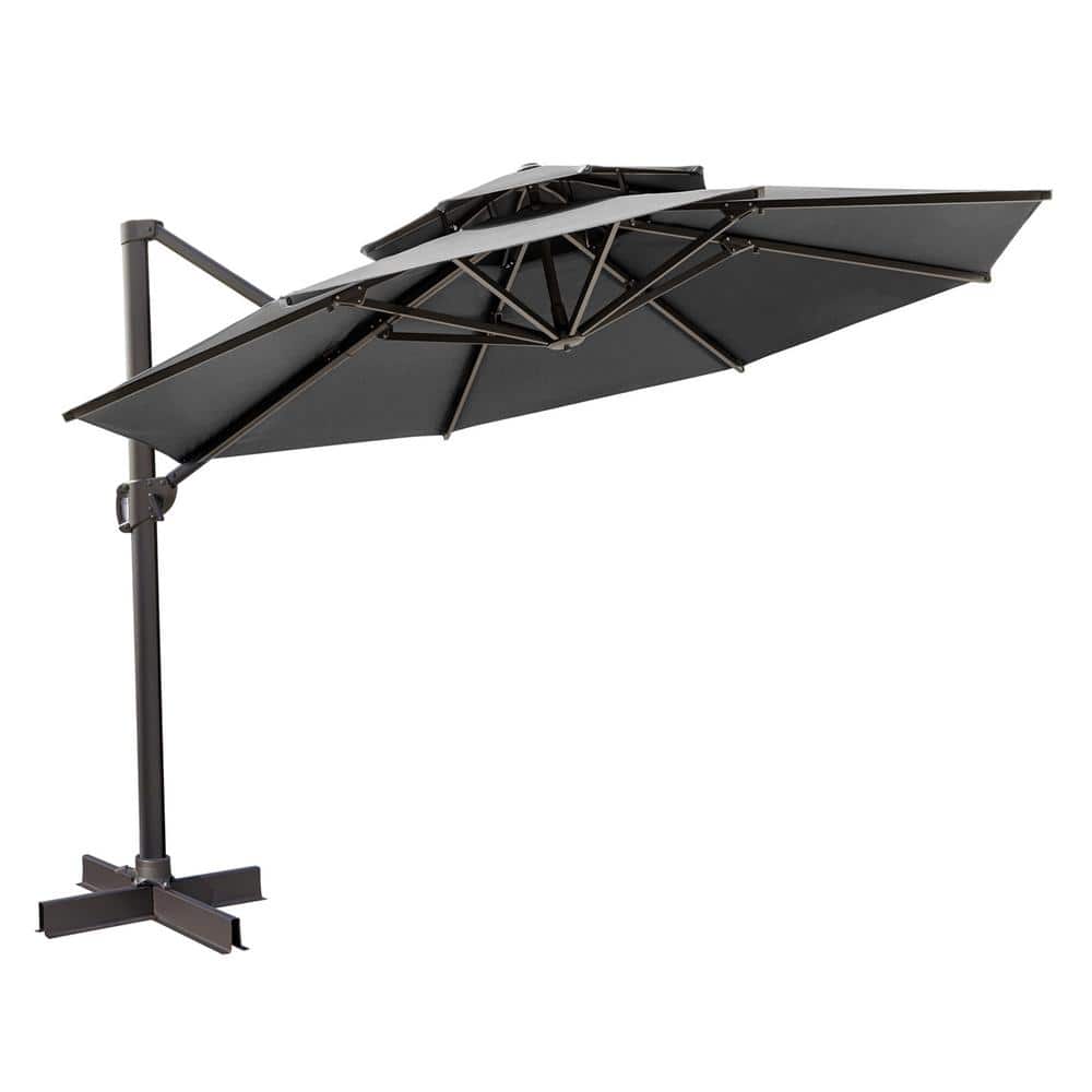 HomeRoots 12 ft. Dark Gray Polyester Round Tilt Cantilever Patio Umbrella with Stand 2000485629