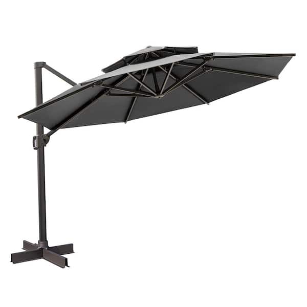 HomeRoots 12 ft. Dark Gray Polyester Round Tilt Cantilever Patio Umbrella with Stand