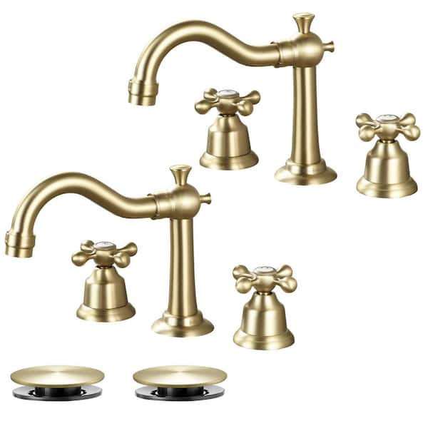 AKLFGN Double handle 8 in. Widespread Bathroom Faucet 3-Hole Bathroom Sink Faucet with Pop-Up Drain in Brushed Gold (2-Pack)