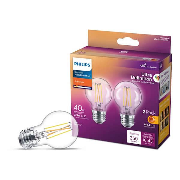 Philips 40-Watt Equivalent Ultra Definition G16.5 Clear Dimmable E26 LED Light Bulb Soft White Warm Glow 2700K (2-Pack)