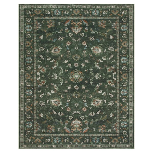 Vintage Floral Vine Washable Non-Slip Green 8 ft. x 10 ft. Area Rug