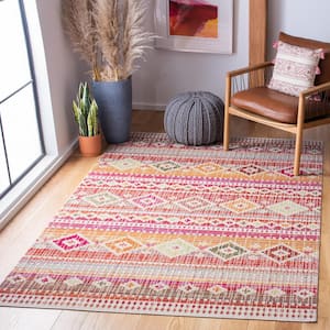 Montage Red/Fuchsia 7 ft. x 7 ft. Striped Tribal Ikat Indoor/Outdoor Patio  Square Area Rug