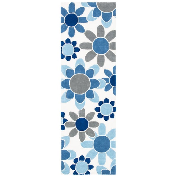 Kids 3 ft. x 8 ft. Ivory/Blue Oversized Floral Runner Rug