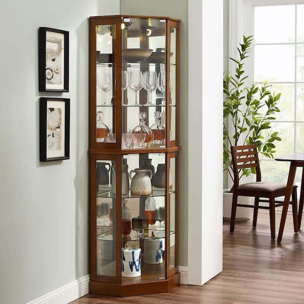 XUJMK 26 in. W x 20 in. D x 72 in. H Light Brown Linen Cabinet 6-Shelf Corner Curio Display with Light, Mirrors and Shelves