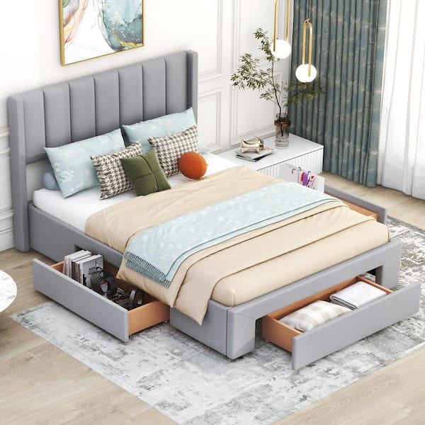 Polibi Gray Wood Frame Full Size Platform Bed with One Large Drawer in the Footboard and Drawer on Each Side
