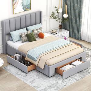 Gray Wood Frame Full Size Platform Bed with One Large Drawer in the Footboard and Drawer on Each Side
