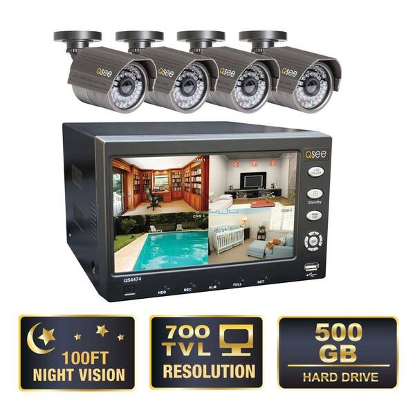 Q-SEE Advanced Series 4-Channel CIF 500GB Surveillance System with (4) 900 TVL Cameras and 7 in. LCD Monitor